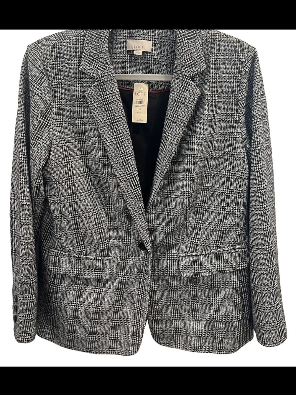 NWT LOFT Plaid Blazer Size 12 Petite Black White Career Jacket $128